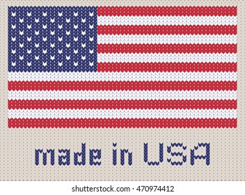 American flag knitted pattern, made in USA. Modern vector ornament, wool texture, banner of United States. Flat standard, Stars and Stripes design element for sites.