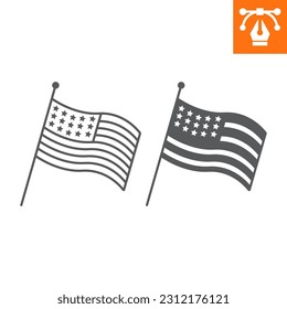 Línea de bandera estadounidense e icono sólido, icono de estilo de contorno para sitio web o aplicación móvil, día y símbolo de independencia, icono vectorial de bandera estadounidense, ilustración vectorial simple, gráficos vectoriales con trazos editables.