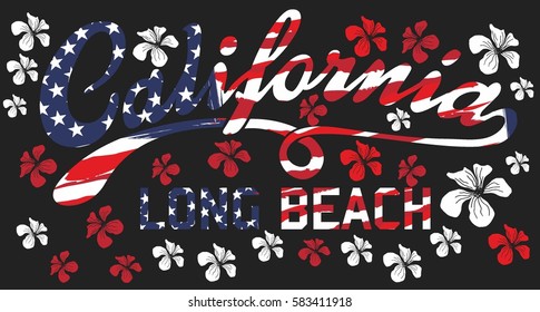 American flag Los Angeles California hibiscuse graphic design vector art