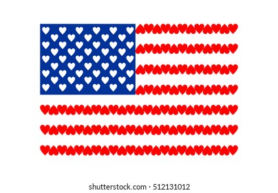 American Flag of Love isolated on white background. United States with hearts. Happy Valentines Day concept. Romantic patriotic greeting card. For banner, poster. Vector