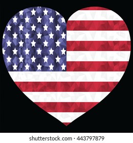 American flag in  low poly art  design with in the hearts shape symbol of  4th of July American Independence day celebration 
