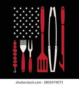 American Flag Made of BBQ Grilling Tools Flat Vector Illustration, Patriotic Barbecue Utensils Design on Black Background