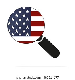 american flag in the magnifying glass  on a white background