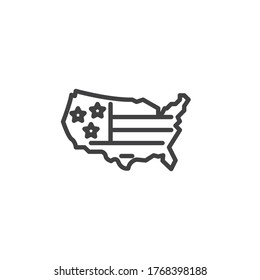 American flag map line icon. linear style sign for mobile concept and web design. Map of United States with flag outline vector icon. Symbol, logo illustration. Vector graphics