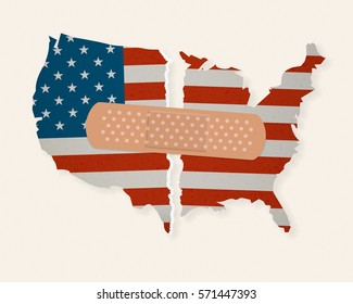 American Flag Map torn apart - Patched together with an adhesive Bandage plaster: United we Stand
