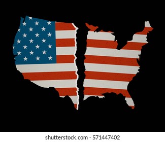 American Flag Map torn apart - Divided we Fall Modern Flat 2.0 Design with paper rip, textures and drop shadow