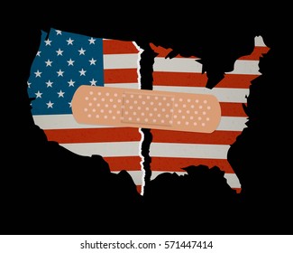 American Flag Map torn apart - Patched together with an adhesive Bandage plaster: United we Stand