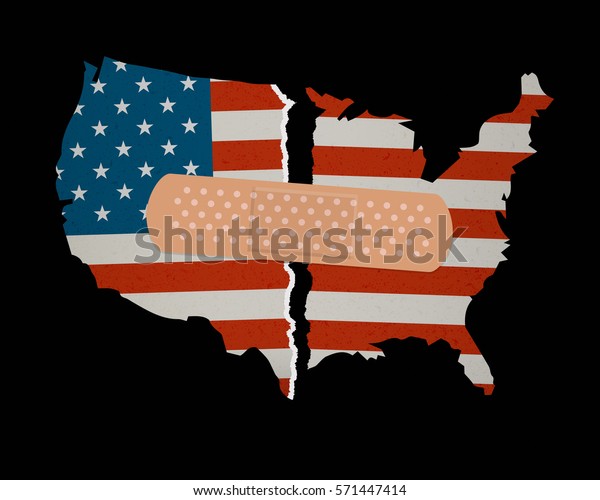 American Flag Map torn apart -\
Patched together with an adhesive Bandage plaster: United we\
Stand