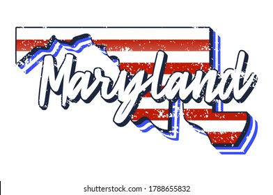 American flag in maryland state map. Vector grunge style with Typography hand drawn lettering maryland on map shaped old grunge vintage American national flag isolated on white background