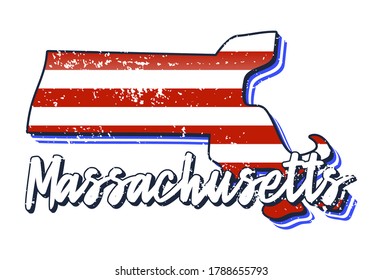 American flag in massachusetts state map. Vector grunge style with Typography hand drawn lettering massachusetts on map shaped old grunge vintage American national flag isolated on white background