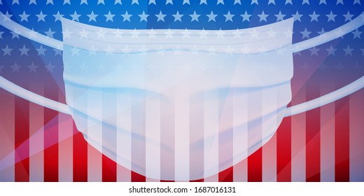 American flag with a medical disposable mask for protection of coronavirus