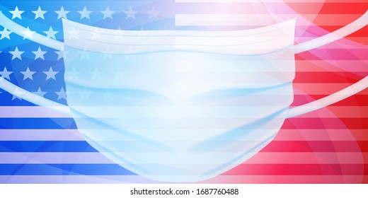 American flag with a medical disposable mask for protection of coronavirus