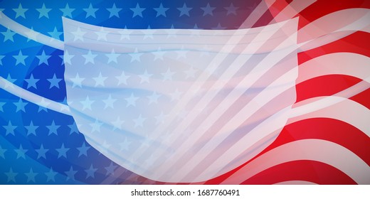 American flag with a medical disposable mask for protection of coronavirus