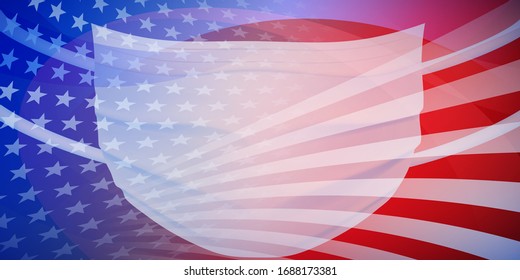 American flag with a medical disposable mask for protection of coronavirus