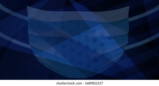 American flag with a medical disposable mask for protection of coronavirus in dark blue colors