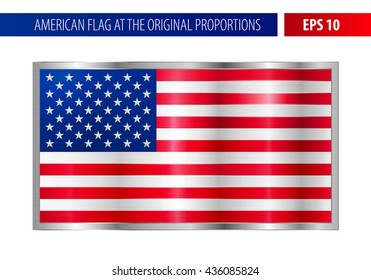 American flag in a metallic silver frame. Metal texture glare on the flag. 
