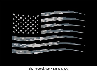 American Flag in Military Digital Camouflage Pattern with Stripes in Lightning Shape