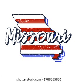 American flag in missouri state map. Vector grunge style with Typography hand drawn lettering missouri on map shaped old grunge vintage American national flag isolated on white background