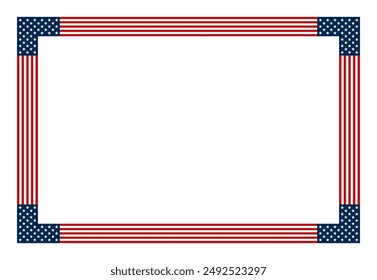 American flag motif, horizontal rectangle frame. Decorative rectangular border made of made with stars and stripes pattern, based on the national flag of the United States. Isolated illustration.