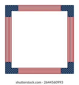 American flag motif, horizontal square shaped frame. Decorative border made with stars and stripes pattern, based on the national flag of the United States. Isolated illustration. Vector
