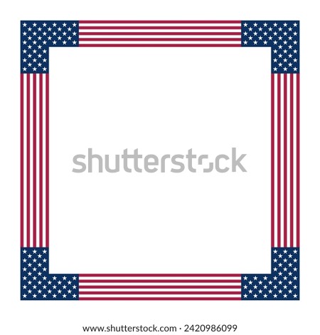 American flag motif, square frame. Border made with stars and stripes pattern, based on the national flag of the United States. White five pointed stars on blue ground with red and white stripes.