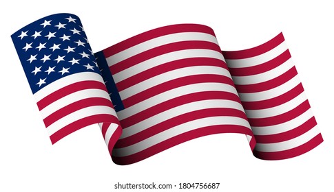 American flag in motion, fluttering in the wind on transparent background. Main star and striped symbol of America