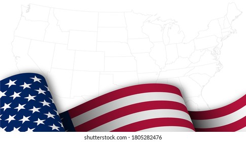American flag in motion, fluttering in wind on background map with borders of states of America. Main star and striped symbol of USA. Template for holiday design
