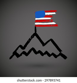 American Flag with Mountains, grunge vector illustration