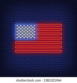 American flag neon sign. USA, country, stars and stripes, national emblem. Vector illustration in neon style for festive independence day banners, light billboards, 4th of July