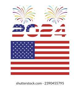 American flag and new year 2024 with fireworks