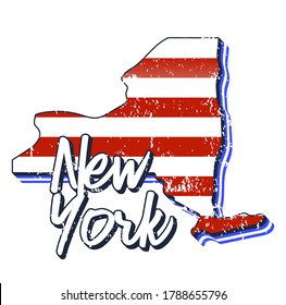 American flag in new york state map. Vector grunge style with Typography hand drawn lettering new york on map shaped old grunge vintage American national flag isolated on white background