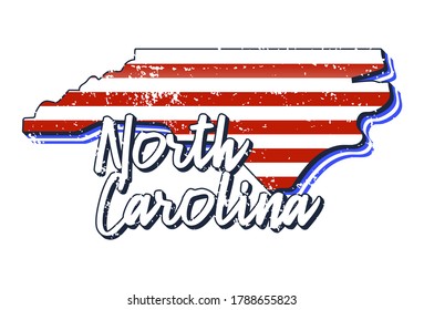 American flag in north carolina state map. Vector grunge style with Typography hand drawn lettering north carolina on map shaped old grunge vintage American national flag isolated on white background