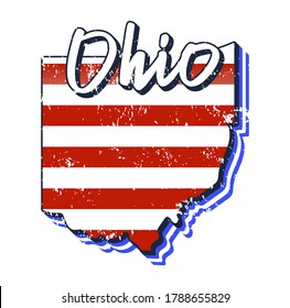 American flag in ohio state map. Vector grunge style with Typography hand drawn lettering ohio on map shaped old grunge vintage American national flag isolated on white background