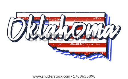 American flag in oklahoma state map. Vector grunge style with Typography hand drawn lettering oklahoma on map shaped old grunge vintage American national flag isolated on white background