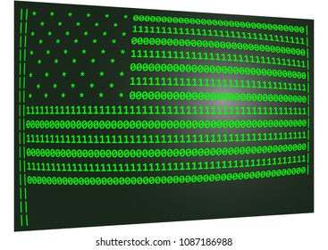 American flag on a black background in the style of a pixel font on an old monitor