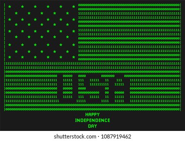 American flag on a black background in the style of a pixel font on an old monitor