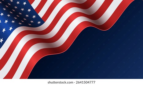 American flag on blue background wtih stars. Empty space for your text. 4th of July, Independence Day background.