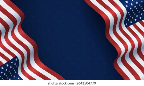 American flag on blue background wtih stars. Empty space for your text. 4th of July, Independence Day background.