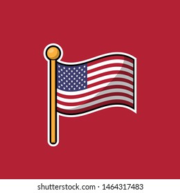American flag on flagstaff.cartoon USA sticker or label. Location label. vector illustration.American flag - cartoon sticker in comics style