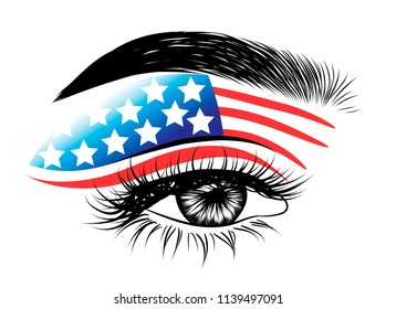 American Flag On Gorgeous Eye. Perfect Fashion Illustration For Business Card, Template, Web. Shaped Eyebrows And Natural Eyelashes. Creative Symbol.