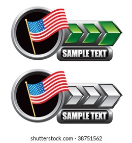 american flag on green and silver arrow nameplates
