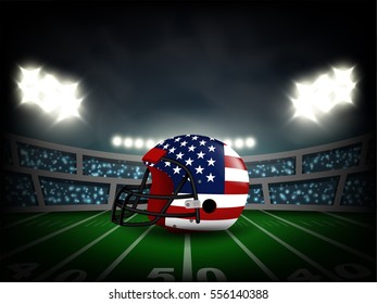 American flag on helmet in football stadium with crowded supporter at night with spotlight. Design for sport template in vector illustration