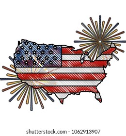 american flag on map with pyrotechnics