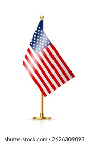 American flag on metal golden stick. Mini flag of United States of America on gold pole. Flagpole on vertical stand, isolated desktop flagstaff. 3D realistic vector illustration.
