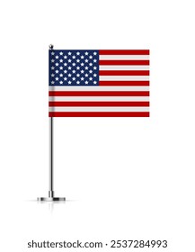 Bandeira americana na vara de metal. Mini bandeira dos Estados Unidos da América no polo de prata. Flagpole no suporte vertical de aço, flagstaff desktop isolado. Ilustração de vetor 3D realista.