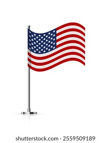 American flag on metal stick. Mini flag of United States of America on silver pole. Flying flagpole on steel vertical stand, isolated desktop flagstaff. 3D realistic vector illustration.