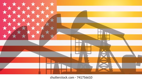 American flag on the oil rig at sunset