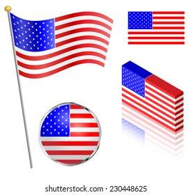 American Flag On A Pole, Badge And Isometric Designs Vector Illustration. 