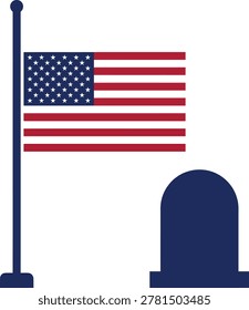 A of an American flag on a pole next to a simple, dark blue headstone on a white background, conveying a sense of respect and remembrance.