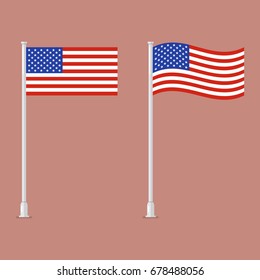 American Flag On Pole. Vector Illustration